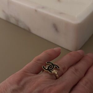 CHANEL Black and Gold Logo Ring